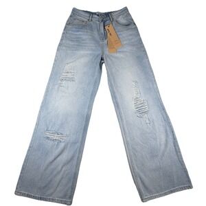 HDLTE Women's Small Jeans High‎ Rise Baggy Wide Leg Boyfriend Y2K Denim-NWT
